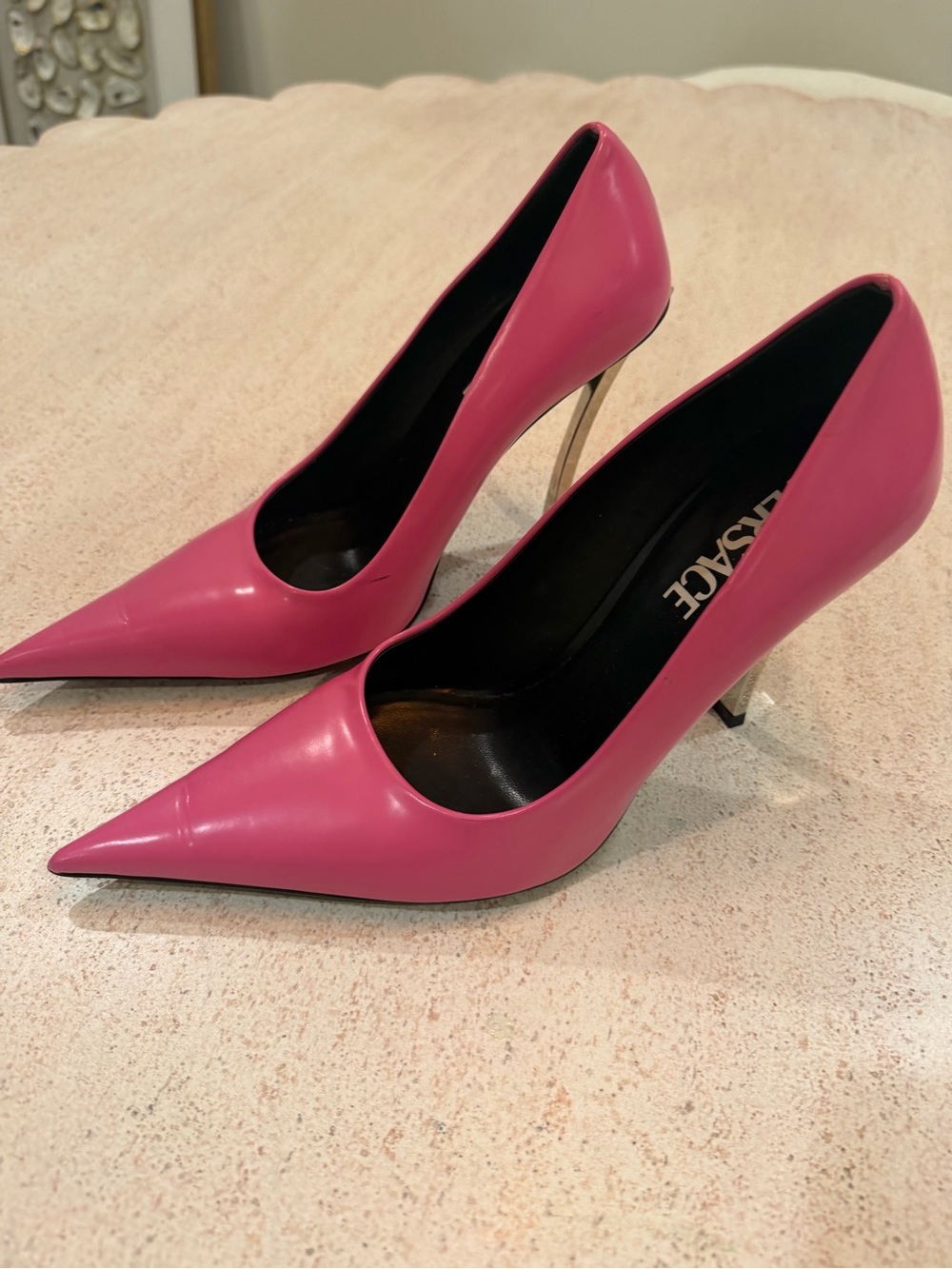 Versace Pink Patent Pointed-Toe Stiletto Pumps, Size 37.5/7.5